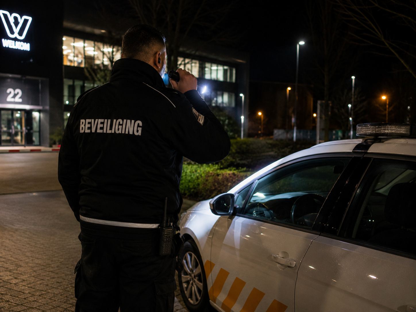 Beveiliger in de nacht met portofoon