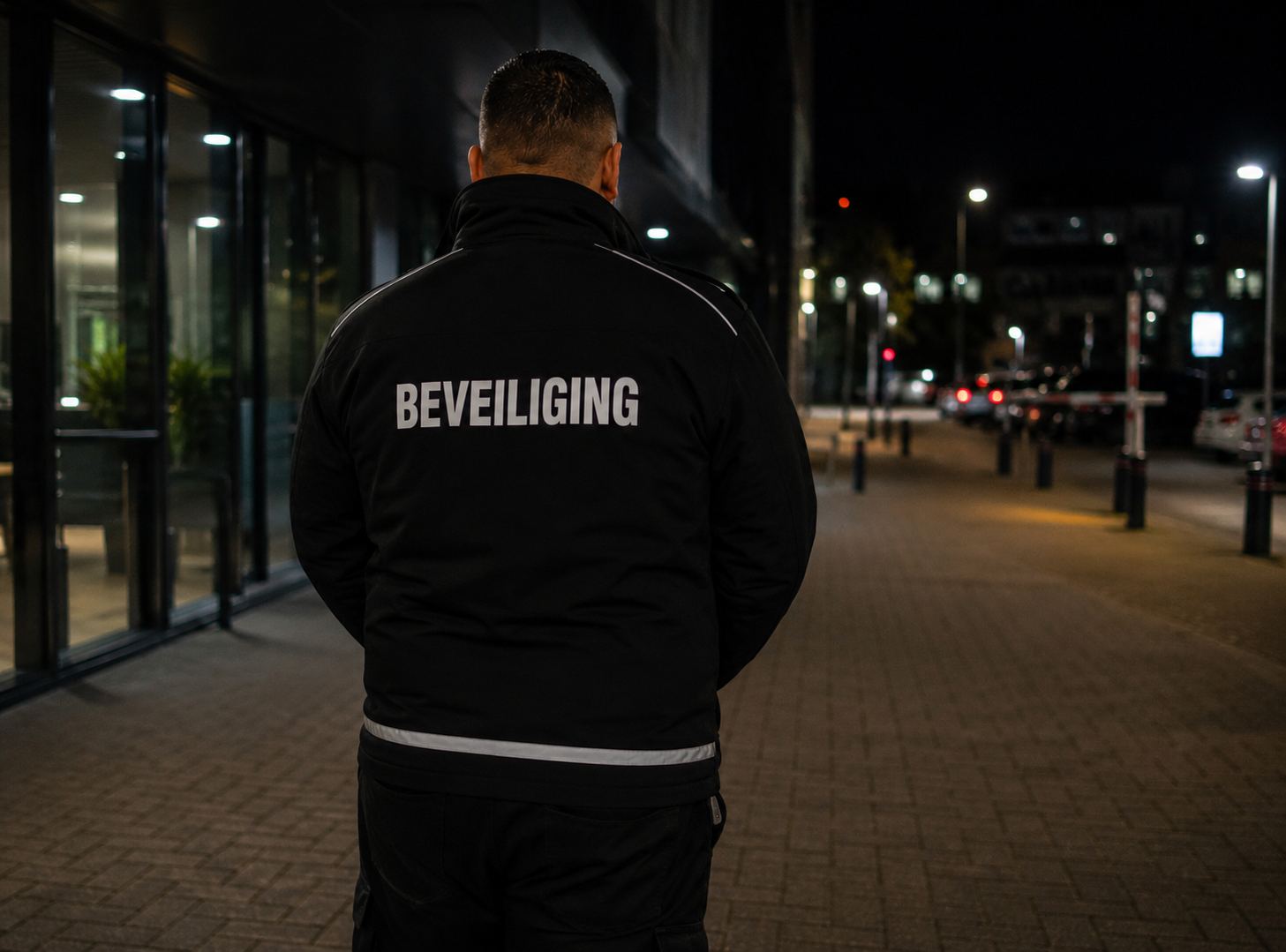 Beveiliger tijdens surveillance met portofoon